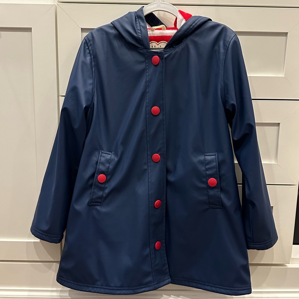 Hatley Kids Navy Raincoat with Red & White Striped Lining, Size 10